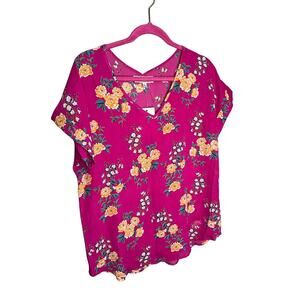 Pink Rose V-Neck‎ Floral Top Short Sleeve Pullover Pink/Multicolor Size L NWT